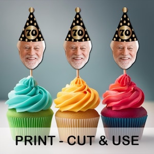 Photo Cupcake Toppers (30th, 40th, 50th, 60, 70) Birthday Decor Any Age, 30th birthday cupcakes, Face Cupcake Topper, 40th Birthday Cupcake