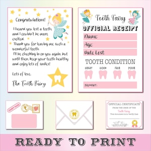 Mini carta imprimible del hada de los dientes rosa con sobre, recibo de dientes, carta del hada de los dientes, primer hada de los dientes, carta del hada de los dientes para niña