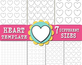 May include: Printable royal icing transfer sheets with seven different sizes of heart templates.  The sheets are white with black outlines of hearts.  The text "HEART TEMPLATE" and "7 DIFFERENT SIZES" is printed in black on a pink background.