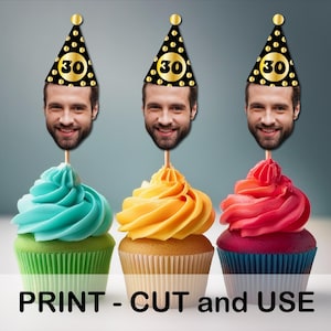 Photo Cupcake Toppers (30th, 40th, 50th, 60, 70) Birthday Decor Any Age, 30th birthday cupcakes, Face Cupcake Topper, 40th Birthday Cupcake