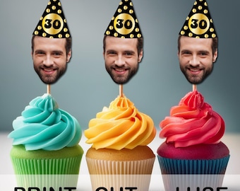 Foto Cupcake Topper (30, 40, 50, 60, 70) Geburtstagsdeko für jedes Alter, Cupcake Topper 30, Geburtstag, Gesicht Cupcake Topper, 40