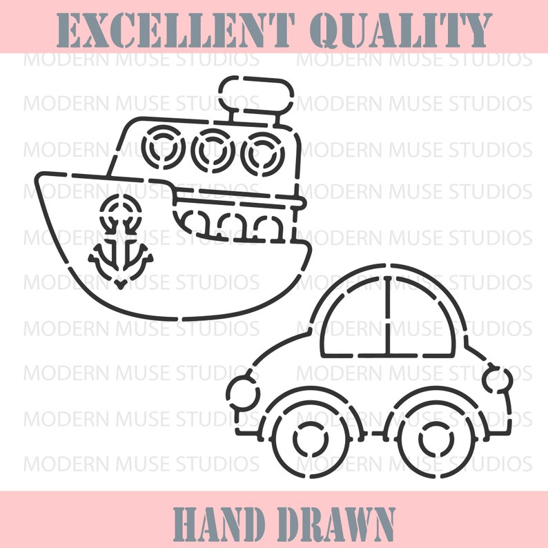 May include: Black and white line art illustration of a boat with an anchor and a car. The image is labeled "Excellent Quality" and "Hand Drawn".