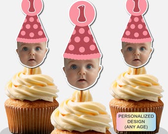 Benutzerdefinierte Geburtstag Partyhut Gesicht Cupcake Toppers, Baby erste Geburtstagsfeier Dekoration, Foto Cupcake Topper, personalisierte Toppers
