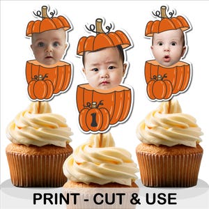 May include: Three printable cupcake toppers featuring a pumpkin with a face cutout. The toppers are designed for a first birthday party with the number "1" on the pumpkin.  PRINT - CUT & USE.