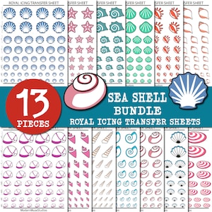 Pode incluir: Um conjunto de 13 folhas de transferência de glacê real imprimíveis com vários designs de conchas marinhas. As folhas incluem uma variedade de cores, incluindo azul, rosa, verde e laranja. O texto "SEA SHELL BUNDLE" e "ROYAL ICING TRANSFER SHEETS" está impresso nas folhas.