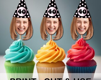Foto Cupcake Topper (30, 40, 50, 60, 70) Geburtstagsdeko für jedes Alter, Cupcake Topper 30, Geburtstag, Gesicht Cupcake Topper, 40