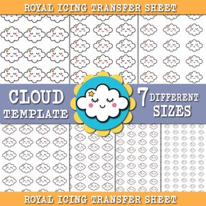 May include: Seven different sized printable templates of a white cloud with a closed eye, a star, and pink cheeks. The text "CLOUD TEMPLATE" and "ROYAL ICING TRANSFER SHEET" are at the top and bottom of the image. The text "7 DIFFERENT SIZES" is in the middle of the image.