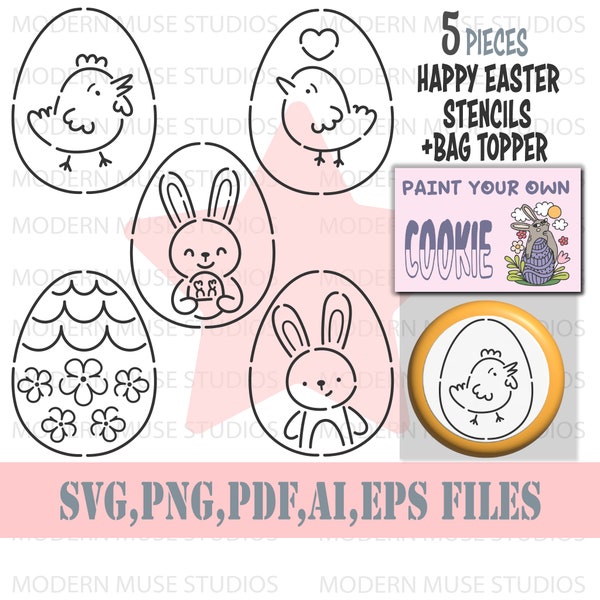 Happy Easter Pyo Stencil Bundle, Easter Sugar Cookies, Pyo Cookie Stencil Svg, Easter Cookie Tag, Sugar Cookies, Bunny Stencil, Easter Svg