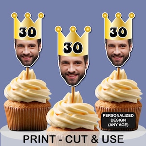 Photo Cupcake Toppers (30th, 40th, 50th, 60, 70) Birthday Decor Any Age, 30th birthday cupcakes, Face Cupcake Topper, 40th Birthday Cupcake