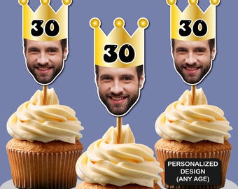 Foto Cupcake Topper (30, 40, 50, 60, 70) Geburtstagsdeko für jedes Alter, Cupcake Topper 30, Geburtstag, Gesicht Cupcake Topper, 40