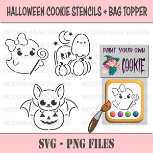 May include: A set of four Halloween cookie stencils featuring a ghost, a pumpkin, a bat, and a girl holding a lollipop. The stencils are black and white and are designed to be used with cookie dough. The set also includes a paint your own cookie bag topper with a witch and the words "Paint Your Own Cookie".