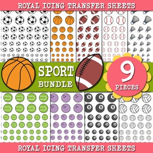 Peut inclure: Neuf feuilles imprimables de transferts de glaçage royal sur le thème du sport. Les feuilles présentent des images de basketball, football américain, baseball, volant de badminton, balle de tennis, boule de bowling, boule de billard et volley-ball. Chaque feuille présente un motif répétitif de l'image du sport.
