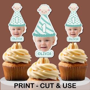 Custom Cute Cupcake Toppers, Baby First Birthday Party, Baby Birthday Cake Topper, Photo cupcake topper, Face toppers, Name Cupcake Picks