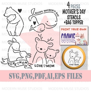母の日ピョウ ステンシル バンドル、動物シュガー クッキー、ピョウ クッキー ステンシル SVG、母の日クッキー タグ、シュガー クッキー、母の日ステンシル