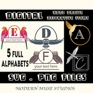 Fonte de monograma de divisão de pássaro Svg, Png, Pdf, pacote de alfabeto com moldura de monograma, monograma de casamento Svg, SVG decorativo, letra derramada Svg, arquivo cortado