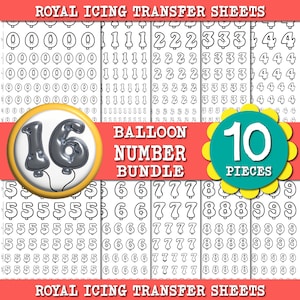Balloon Number Royal Icing Transfer Sheets, Number Cookies, Birthday Royal Icing transfer Template, Birthday Cookies, Birthday Cake Decor