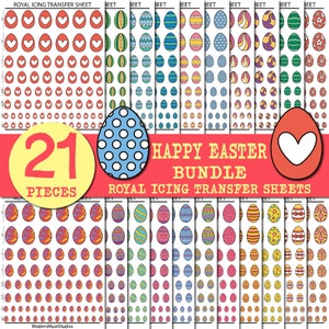 May include: A set of 21 printable royal icing transfer sheets for Easter. The sheets feature various designs of eggs with different patterns and colors, including polka dots, stripes, hearts, and swirls. The text "Happy Easter Bundle" and "Royal Icing Transfer Sheets" is included on the image.