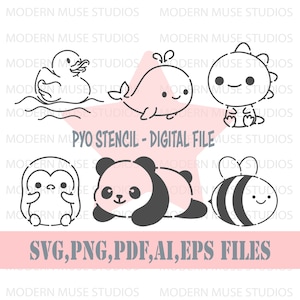Pyo schattige dieren cookie stencil SVG-bestandsbundel, Pyo dierlijke stencil, schattige eend Panda walvis Pyo stencil, dierlijke stencil SVG, dierlijke stencil