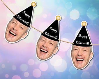 May include: A printable banner with three black party hats with gold tops. Each hat has a white text overlay that says "Happy Retirement!" The hats are strung together with a string. The banner is designed to be printed, cut out, and used for a retirement party.