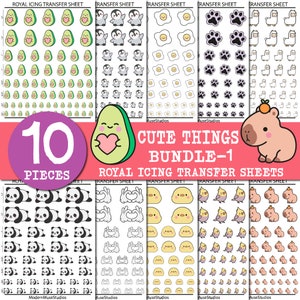 Pode incluir: Um conjunto de 10 folhas de transferência de glacê real com desenhos de desenhos animados fofos. Os desenhos incluem abacates, pinguins, ovos, pegadas, lhamas, pandas, mãos fazendo um coração, pintinhos, pintassilgos e capivaras. As folhas são rotuladas como "Folhas de transferência de glacê real" e "Pacote de coisas fofas - 1".