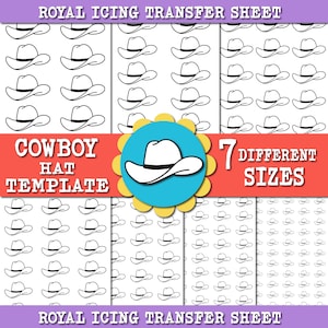 May include: Printable royal icing transfer sheets with seven different sizes of cowboy hat outlines. The sheets are designed for use with edible icing.