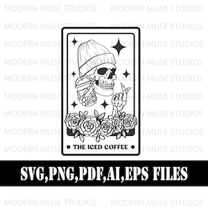 A carta de tarô de café gelado SVG, Tarô de café svg, Caveira de café svg, Carta de tarô de café svg, Caveira de café svg, Café svg, Amante de café svg