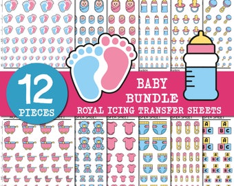 Lot de feuilles de transfert pour baby shower, glaçage royal, biscuits pour bébé, modèle de transfert de glaçage royal, feuille de transfert pour biscuits, fête de bébé