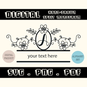 Fonte de monograma dividido floral Svg, Png, Pdf, pacote de alfabeto com moldura de monograma, letra gráfica Svg, clipart de alfabeto, letra derramada Svg, arquivo cortado