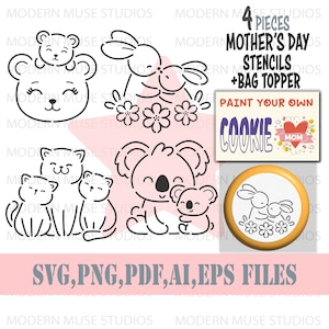 母の日ピョウ ステンシル バンドル、動物シュガー クッキー、ピョウ クッキー ステンシル SVG、母の日クッキー タグ、シュガー クッキー、母の日ステンシル