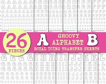 ALPHABET Royal Icing Transfer Sheets Bundle, Cookies aux lettres, Modèle de transfert de glaçage royal, Feuille de transfert de cookies Groovy Retro Letters