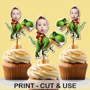 Custom Dinosaur Cupcake Toppers Printable, Face Cupcake Topper, Dinosaur theme party, T-rex birthday Party, Photo cupcake, Face toppers