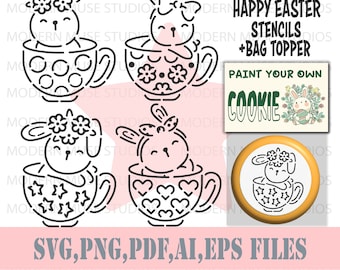 Op de afbeelding: Vier zwart-witte koekjessjablonen met konijntjes in theekopjes. De sjablonen zijn bedoeld om je eigen koekjes te beschilderen. De sjablonen zijn gelabeld met "Happy Easter Stencils + Bag Topper".