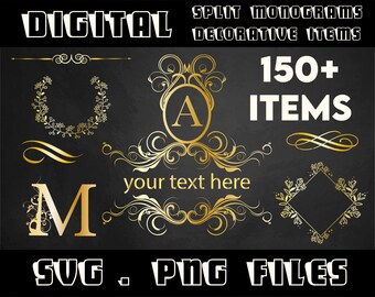 Floral Split Monogram Font Svg, Png, Pdf, Monogram Frame Alphabet Bundle, Wedding Monogram Svg, Decorative SVG, Spilt Letter Svg, Cut File