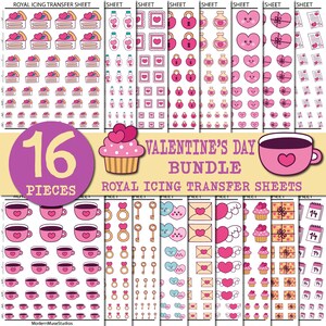 May include: A set of 16 Valentine's Day themed royal icing transfer sheets. The sheets feature various designs including hearts, cupcakes, keys, rings, envelopes, and a coffee cup. The sheets are printed on white paper and are ready to be used for decorating cakes, cookies, and other treats.