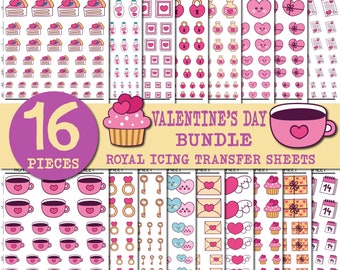 May include: A set of 16 Valentine's Day themed royal icing transfer sheets. The sheets feature various designs including hearts, cupcakes, keys, rings, envelopes, and a coffee cup. The sheets are printed on white paper and are ready to be used for decorating cakes, cookies, and other treats.