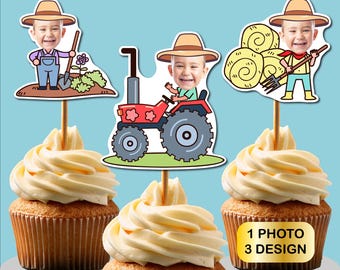 Adornos para cupcakes de granjero personalizados, adorno para cupcakes con cara, fiesta temática de granja, cumpleaños de granja, adorno para cupcakes con foto, adornos con cara