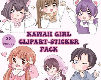 Kawaii Girl Digital Goodnotes Planner Sticker, Kawaii Clipart PNG, Descargar PNG Stickers, Notability, ipad Stickers, Anime Clipart Bundle