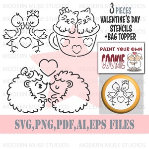 Op de afbeelding: Drie Valentijnsdag sjablonen met een stel egels, een stel katten in een theekopje en een stel vogels. De sjablonen zijn zwart-wit en zijn getiteld "Verf je eigen koekje".
