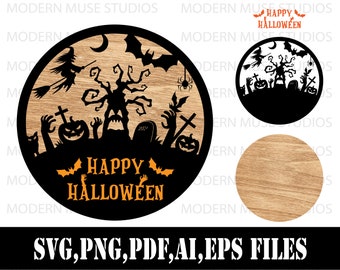 レーザーカット用のハッピーハロウィンサインSVG - ハロウィンサインSVG - レーザーカットファイル、SVG-Ai、ハロウィンレーザーファイル、ハッピーハロウィンSVG