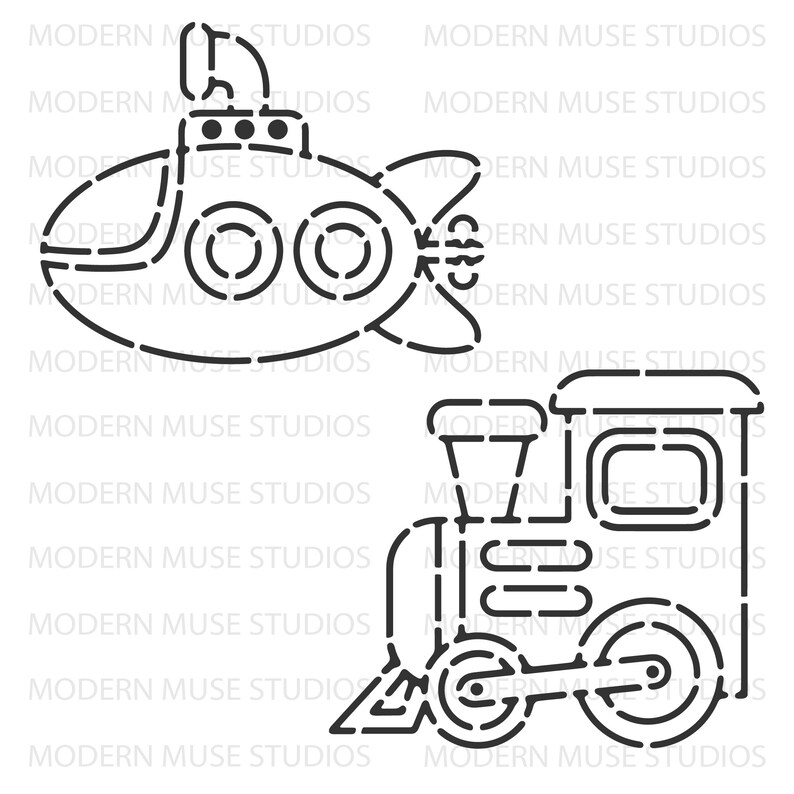 May include: A black and white line art illustration of a submarine and a train. The submarine has a rounded shape with a periscope and three portholes. The train has a boxy shape with a smokestack and two wheels.