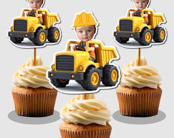Custom Construction Cupcake Toppers,Face Cupcake Topper,  Construction party , Construction birthday, Photo cupcake topper, Yellow Truck