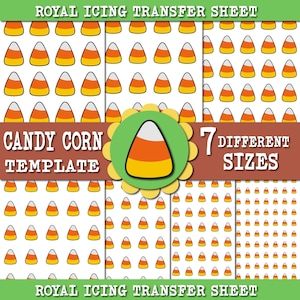 Puede incluir: Descarga digital de patrón de maíz dulce imprimible para hojas de transferencia de glaseado real. Se incluyen siete tamaños diferentes de patrones de maíz dulce. El texto "Candy Corn Template" y "7 Different Sizes" está incluido en la imagen.