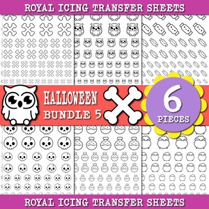 HALLOWEEN Royal Icing Transfer Sheets Bundle, Halloween Cookies, Royal Icing transfer Template, Cookie Transfer Sheet Owl, Skull, Candy
