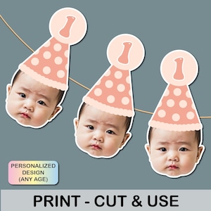 Banner di compleanno con ritaglio del viso personalizzato, banner di compleanno con bandierine, banner fotografico, banner di compleanno con viso, festa del primo compleanno, banner per feste con foto
