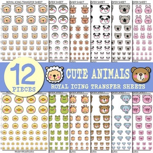 May include: Twelve sheets of royal icing transfer sheets featuring cute animal designs. Each sheet showcases a different animal, including a sheep, penguin, reindeer, panda, koala, bunny, chick, frog, giraffe, bear, elephant, and pig. The sheets are white with black outlines and colourful accents.