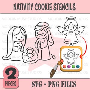 Può includere: Un set di due stencil per biscotti in bianco e nero che rappresentano una scena della Natività con Maria, Giuseppe e Gesù bambino, e un angelo. Gli stencil sono progettati per essere utilizzati con l'impasto per biscotti e sono perfetti per creare biscotti natalizi festivi.