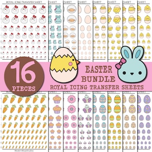 Peut inclure: Un ensemble de 16 feuilles de transfert de glaçage royal sur le thème de Pâques. Les feuilles présentent divers motifs, notamment des lapins, des poussins, des œufs, des carottes, des cupcakes, des fleurs et des papillons. Les feuilles sont parfaites pour décorer des gâteaux, des biscuits et autres friandises.