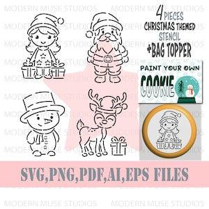 Puede incluir: Un conjunto de cuatro plantillas de galletas con temática navideña, que incluyen un muñeco de nieve, un reno, Papá Noel y una niña que sostiene un regalo. Las plantillas son en blanco y negro y están etiquetadas como "Pinta tu propia galleta".