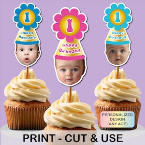 Custom Party Hat Cupcake Toppers, Baby First Birthday Party, Baby Birthday Cake Topper, Photo cupcake topper, Face toppers