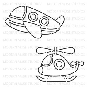 May include: A black and white line art illustration of a helicopter and a flying saucer. The helicopter has a single rotor and a rounded body. The flying saucer has a rounded body with a large window and two smaller windows.